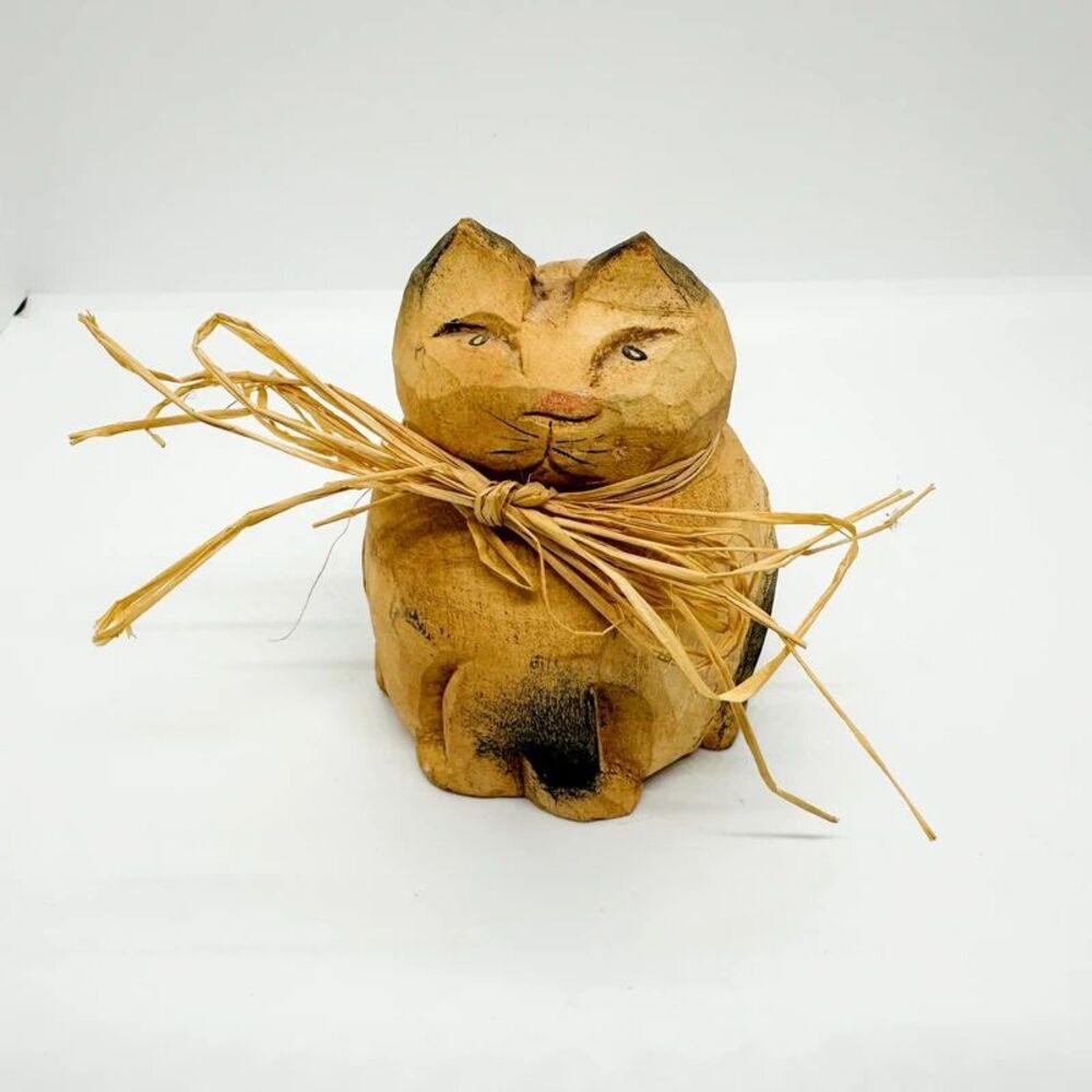 Vintage Carved Wood Resin Cat Figurine Privative Cottagecore